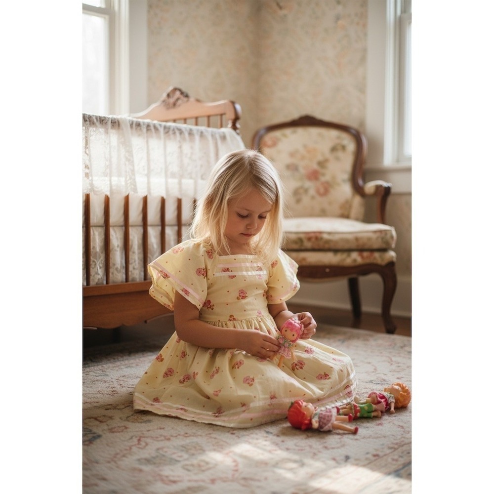 Handmade Organic Dress 5/6 Strawberry Shortcake Print Puff Sleeve 1980's fabric - Picture 2 of 6